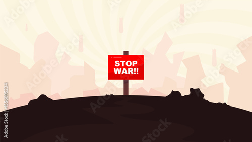 stop war vector illustration with collapsed building atmosphere