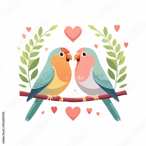Sweet lovebirds perched on a branch, surrounded by hearts and foliage, perfect for Valentine's Day cards and springtime designs.