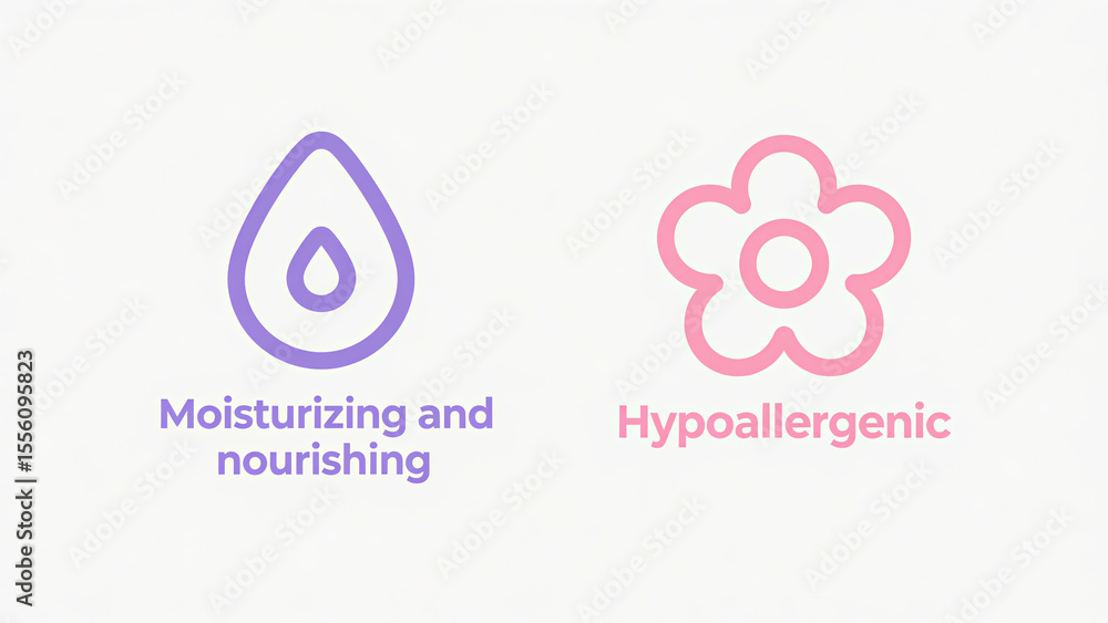 Purple water droplets and pink flower icons represent moisturizing, nourishing, and hypoallergenic properties, used in skincare, beauty, and sensitive skin care scenarios.