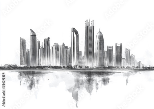 black and white minimalist painting of abu dhabi skyline in modern art style
