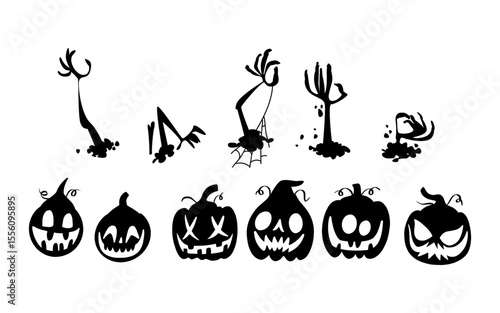 Halloween silhouette collection zombie cemetry awake and pumpins head