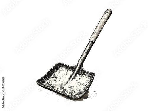 Winter snow shovel engraving, vintage hand-drawn sketch, cold season tool, old engraving style, holiday motif, icy weather decor, rustic winter equipment, classic tool art,