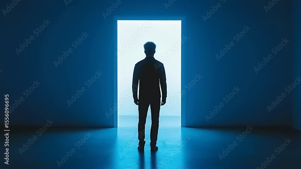 Silhouette in Portal, An Enigmatic Figure Steps Towards a Bright Futuristic Threshold Silhouette in Portal, An Enigmatic Figure Steps Towards a Bright Futuristic Threshold
