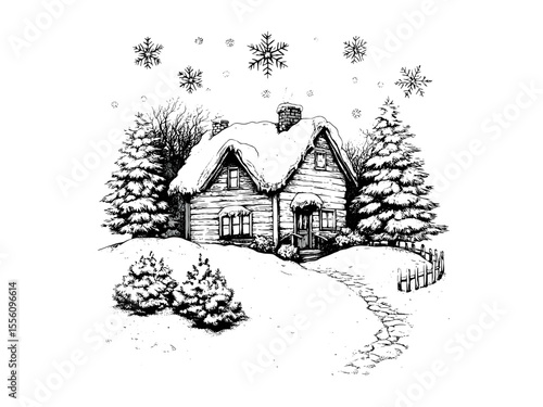Winter snowflakes on vintage cottage, holiday scene engraving, hand-drawn black sketch style, seasonal decor illustration, old engraving, rustic festive artwork, Christmas countryside design
