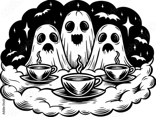 SVG capturing a slow lifestyle with Halloween horror vibes. Spooky Ghosts with Coffee Cups in a Haunted Atmosphere