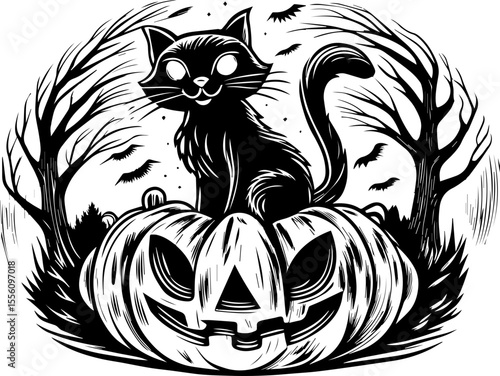 Wallpaper Mural SVG capturing a slow lifestyle with Halloween horror vibes. Black Cat on Pumpkin with Spooky Trees and Bats for Halloween Torontodigital.ca