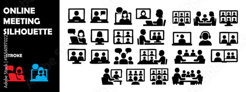 Online Meeting Silhouette Vector Set – Virtual Team, Conference Call and Remote Collaboration Icons