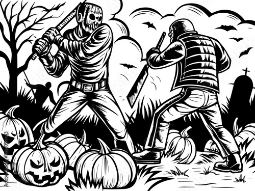 SVG capturing a slow lifestyle with Halloween horror vibes. Halloween Battle with Scarecrow and Villain in Spooky Landscape