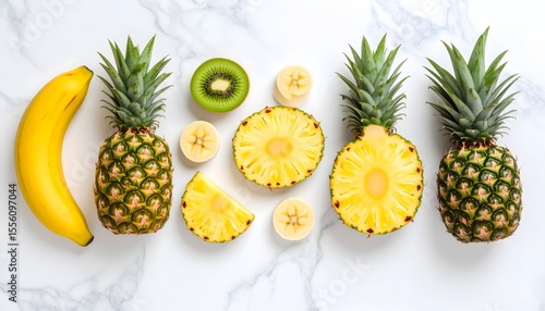 Fresh tropical fruit flat lay with whole and sliced pineapples, bananas, and kiwi on white marble background. Healthy eating concept.