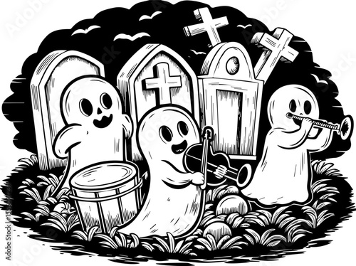 SVG capturing a slow lifestyle with Halloween horror vibes. Playful Ghosts Making Music in a Spooky Graveyard Setting