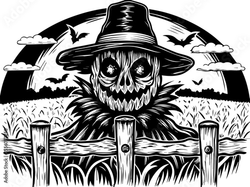 SVG capturing a slow lifestyle with Halloween horror vibes. Scary Scarecrow Surrounded by Bats and Cornfield at Night