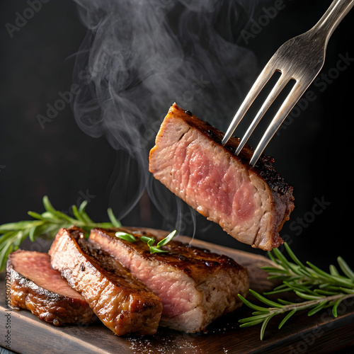 deliciously cooked meat held by a fork with steam