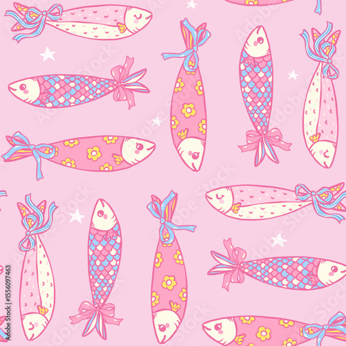 Cute girly sardine with bow seamless pattern on pink background in hand drawn coquette fisherman aesthetic for fabric, digital paper, and kitchen decor