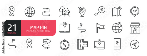 Set of line icons related to map pin, location, GPS. Outline icons collection. Editable stroke. Vector illustration