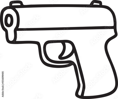 Simple Black and White Outline Illustration of a Handgun Depicting a Cartoonish Stylized Firearm Design minimalist