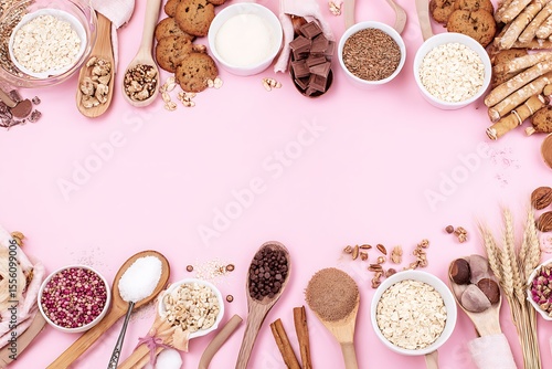 Baking ingredients on pink background overhead