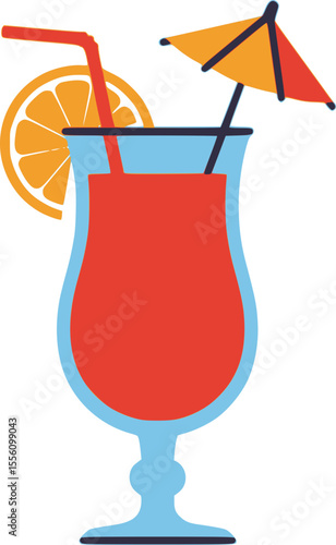 An illustration of a red cocktail in a glass with a small cocktail umbrella and an orange slice. It evokes a cool and summery beverage vibe.