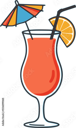 An illustration of a red cocktail in a glass with a small cocktail umbrella and an orange slice. It evokes a cool and summery beverage vibe.