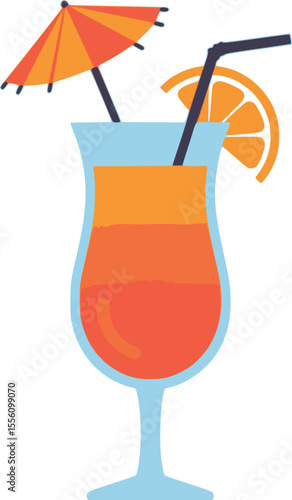 An illustration of a red cocktail in a glass with a small cocktail umbrella and an orange slice. It evokes a cool and summery beverage vibe.
