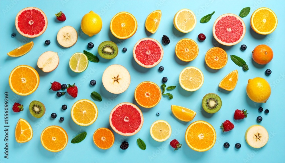 Colorful Tropical Fruits Arranged With Leaves on a Vibrant Blue Background Colorful Tropical Fruits Arranged With Leaves on a Vibrant Blue Background