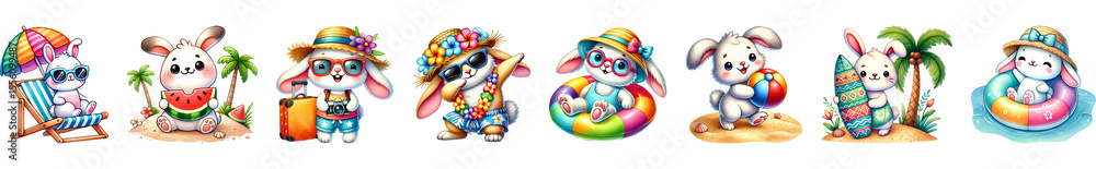 Fototapeta premium Bunny with summer tropical vacation cartoon, watercolor illustration.
