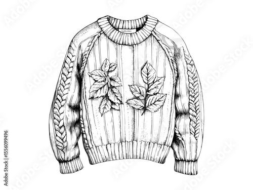 Vintage fall fashion sketch, cozy autumn sweater illustration in old engraving style, seasonal outfit motif, hand-drawn trendy clothing design, black ink art, rustic home decor,