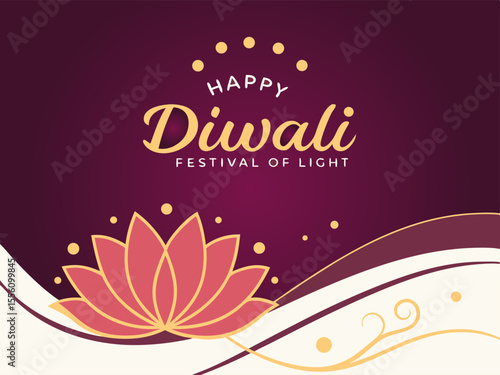 Elegant Happy Diwali Festival of Light Illustration with Lotus Flower and Decorative Swirls on Dark Background