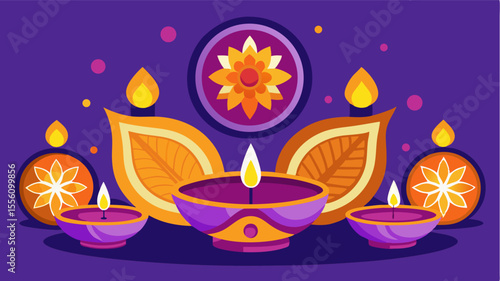 Vibrant Diwali Celebration Illustration with Lit Diyas Floral Accents and Festive Purple Background colorful illustration