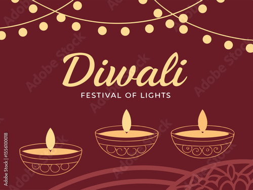 Wallpaper Mural Elegant Diwali Celebration Design Featuring Traditional Oil Lamps and Festive String Lights on Maroon Background Torontodigital.ca
