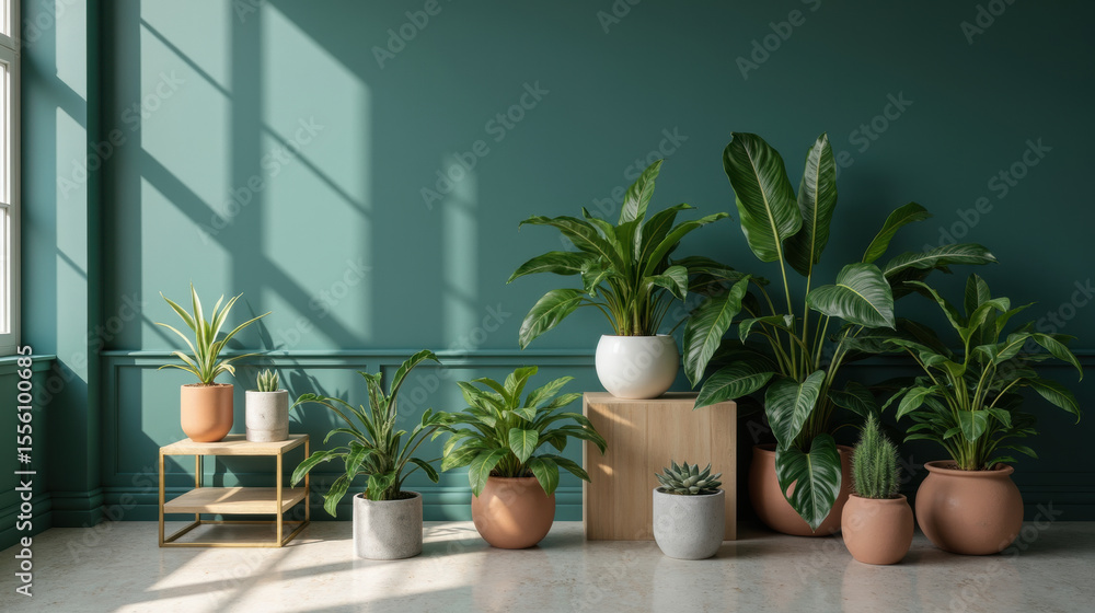 Fototapeta premium Lush indoor plants arranged in stylish pots against teal wall, creating serene and inviting atmosphere