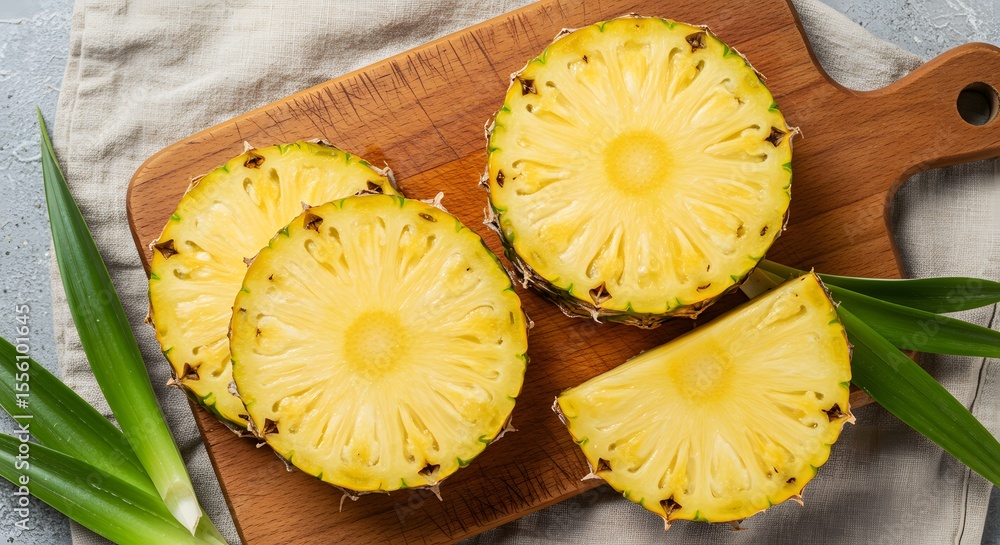 Bright Yellow Pineapple Slices on a Wooden Cutting Board with Green Leaves, Top View Bright Yellow Pineapple Slices on a Wooden Cutting Board with Green Leaves, Top View