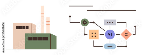 Factory with smokestacks alongside an AI process flowchart linked with nodes and symbols illustrating automation. Ideal for innovation, AI, industry, connectivity, technology, digitalization, future