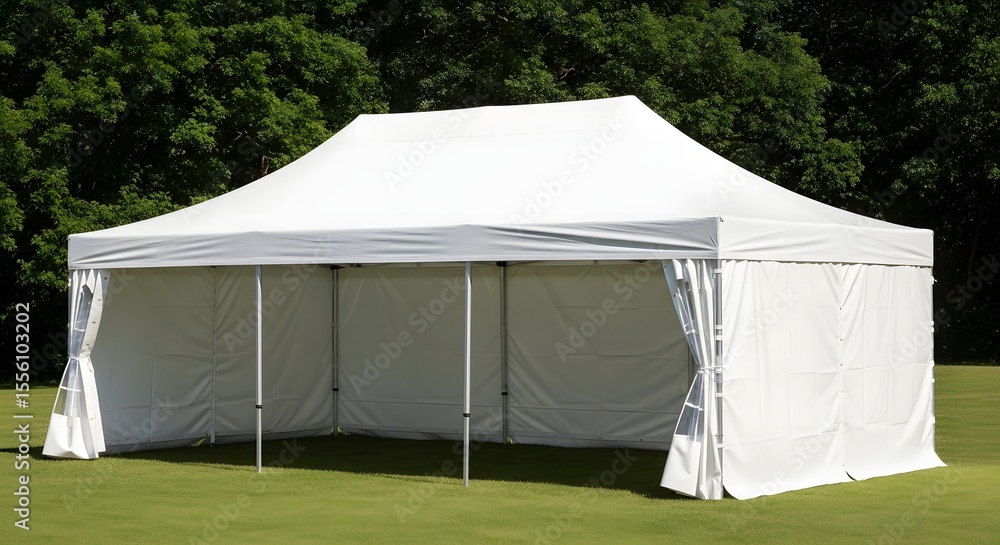 Large white canopy tent erected on a grassy lawn, providing shade and shelter. Large white canopy tent erected on a grassy lawn, providing shade and shelter.