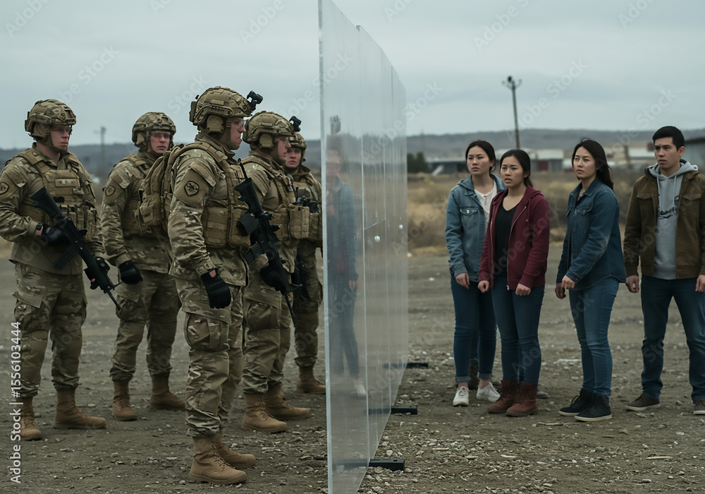 Naklejka premium Barrier Between Worlds Military and Civilians Face-off, Separated by an Impenetrable Shield (123)
