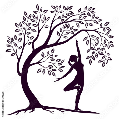 Silhouette of a woman performing yoga under a stylized tree