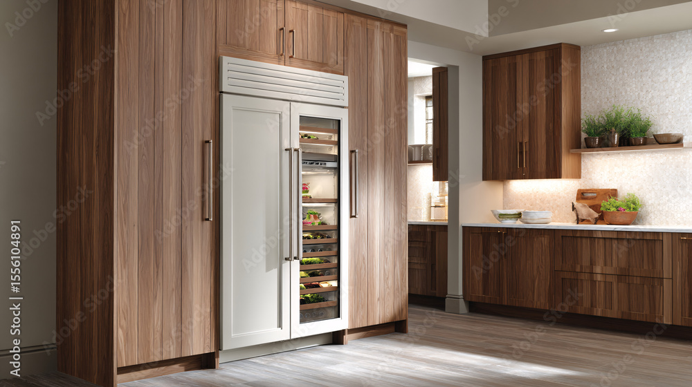 Fototapeta premium Panel-Ready Built-In Refrigerator Integrated into Walnut Kitchen Cabinetry
