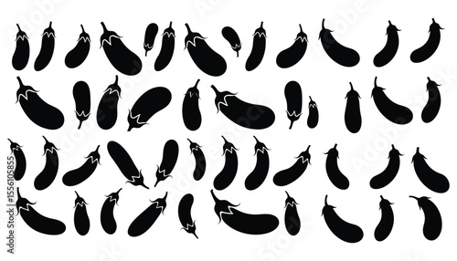 Aubergine silhouette, Eggplant silhouette set, Multiple eggplant silhouettes arranged in rows aubergine vegetable pattern