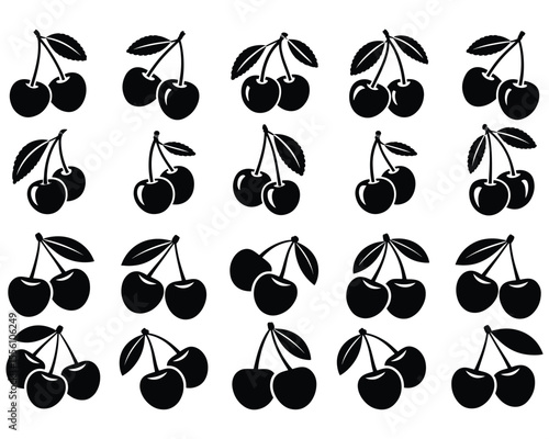 Cherry silhouette, Cherry fruit silhouette set, Collection of cherry silhouette in various poses isolated on background