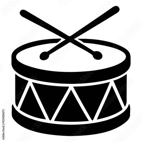 Illustration of a black and white drum with crossed drumsticks on top in a simple style on transparent background