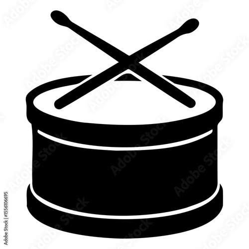 Illustration of a black drum with two drumsticks crossed over it in a simple vector design on transparent background