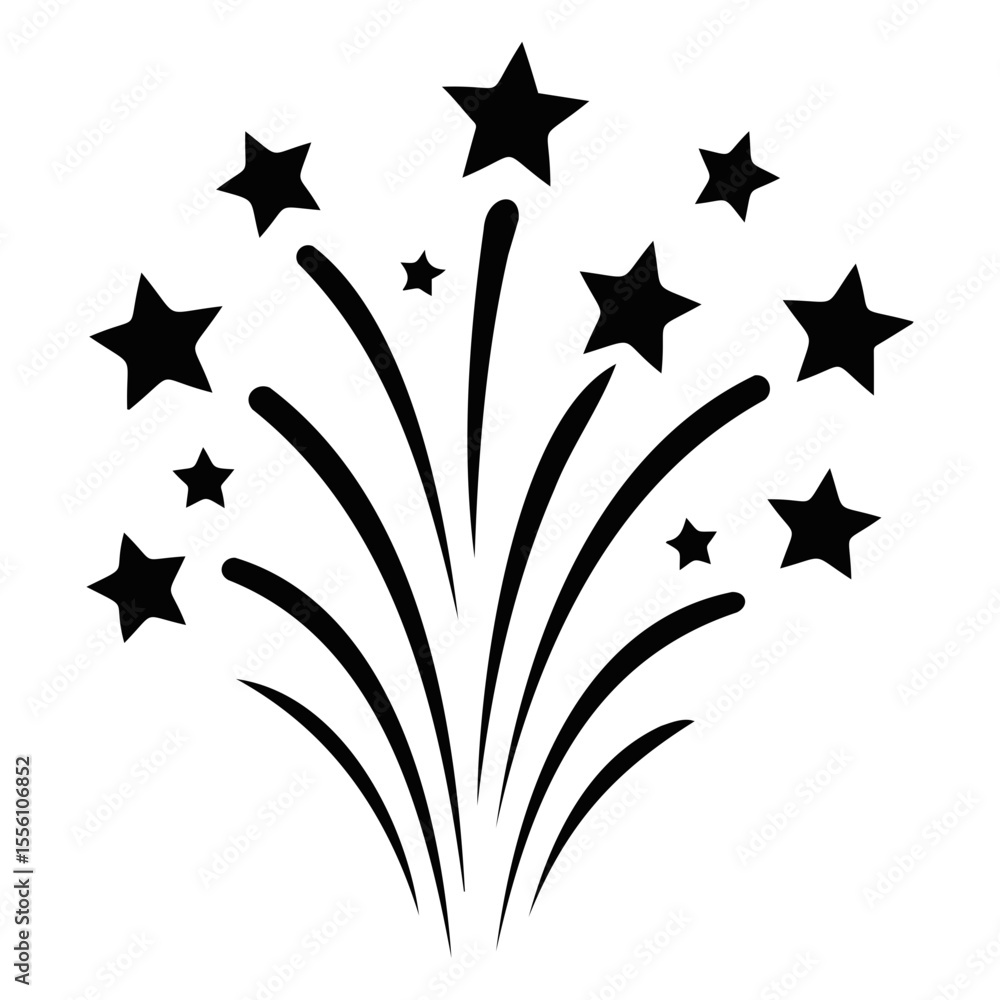 Obraz premium Stylized black and white illustration of a firework display with stars and curved lines on transparent background