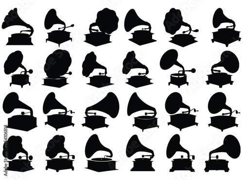 Gramophone silhouette, Gramophone silhouette set, Set of gramophone Silhouette isolated on white background