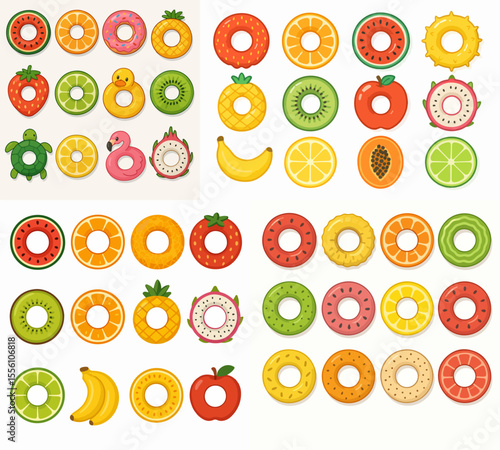 vector set Cartoon swimming rings top view. Inflatable ring float in pool sea beach rubb buoy rubber circle summer water lifesaver lifebelt tube fruit design set neat vector illustration
