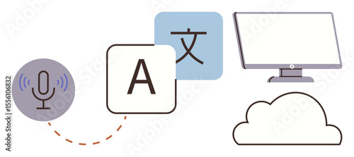 Microphone, language symbols exchanging data, cloud, and computer screen. Ideal for AI, cloud computing, neural networks, linguistic software, internet services machine learning digital