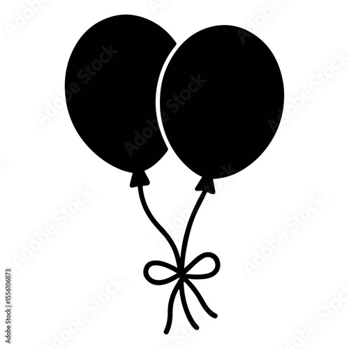 Two black balloons tied together with a bow in a simple graphic illustration style design on transparent background