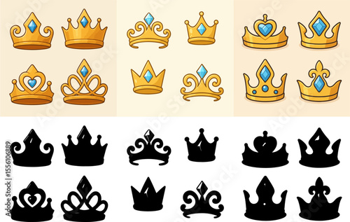 vector set Cartoon tiara. Princess gold diadem with diamond  queen golden crown royal girl tiaras female jewelry wedding accessory royalty corona gem  diadems set neat vector illustration