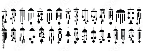 Wind chime silhouette, Wind chime black silhouette set, Set of wind chime silhouette on white background