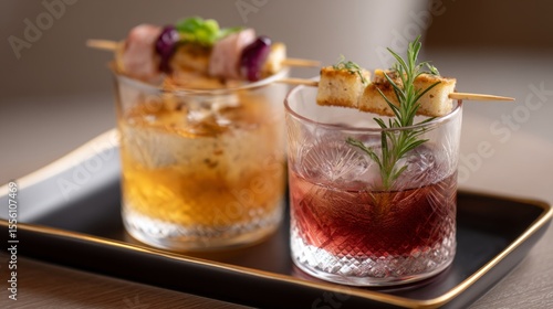 Wallpaper Mural Two exquisite cocktails are served with gourmet appetizer skewers in a chic bar environment, snacktail concept Torontodigital.ca