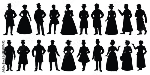 Victorian era people silhouette, Victorian era fashion silhouettes men and women, Victorian era silhouette, Men and women in elegant 19th century outfits with hats and canes