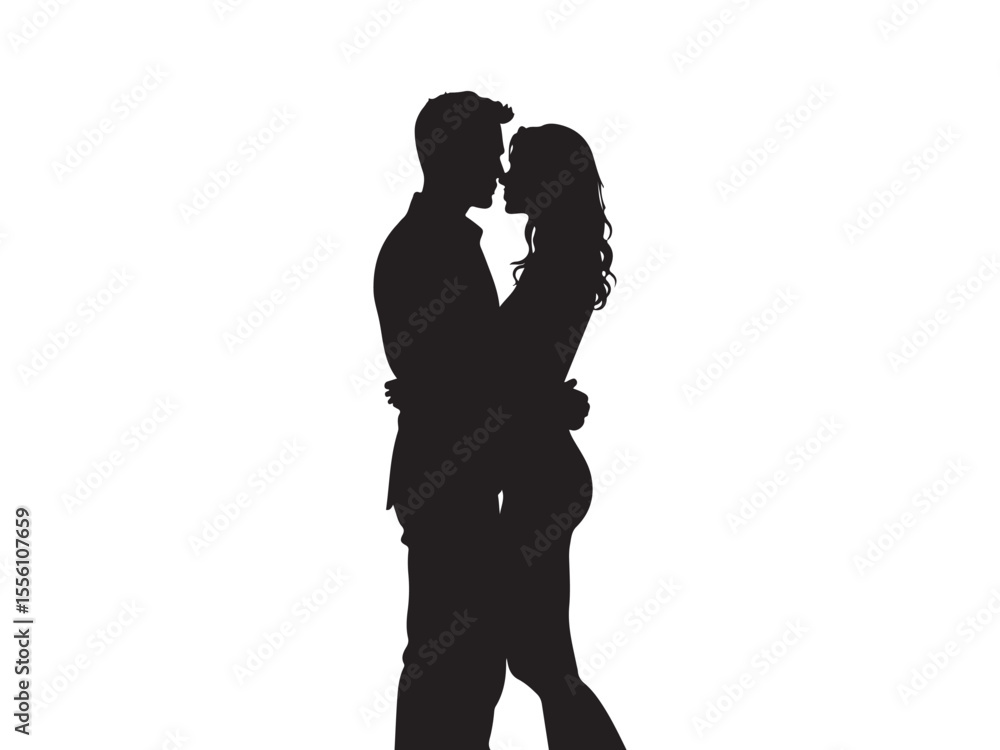 Couple embracing in silhouette against white background Couple embracing in silhouette against white background